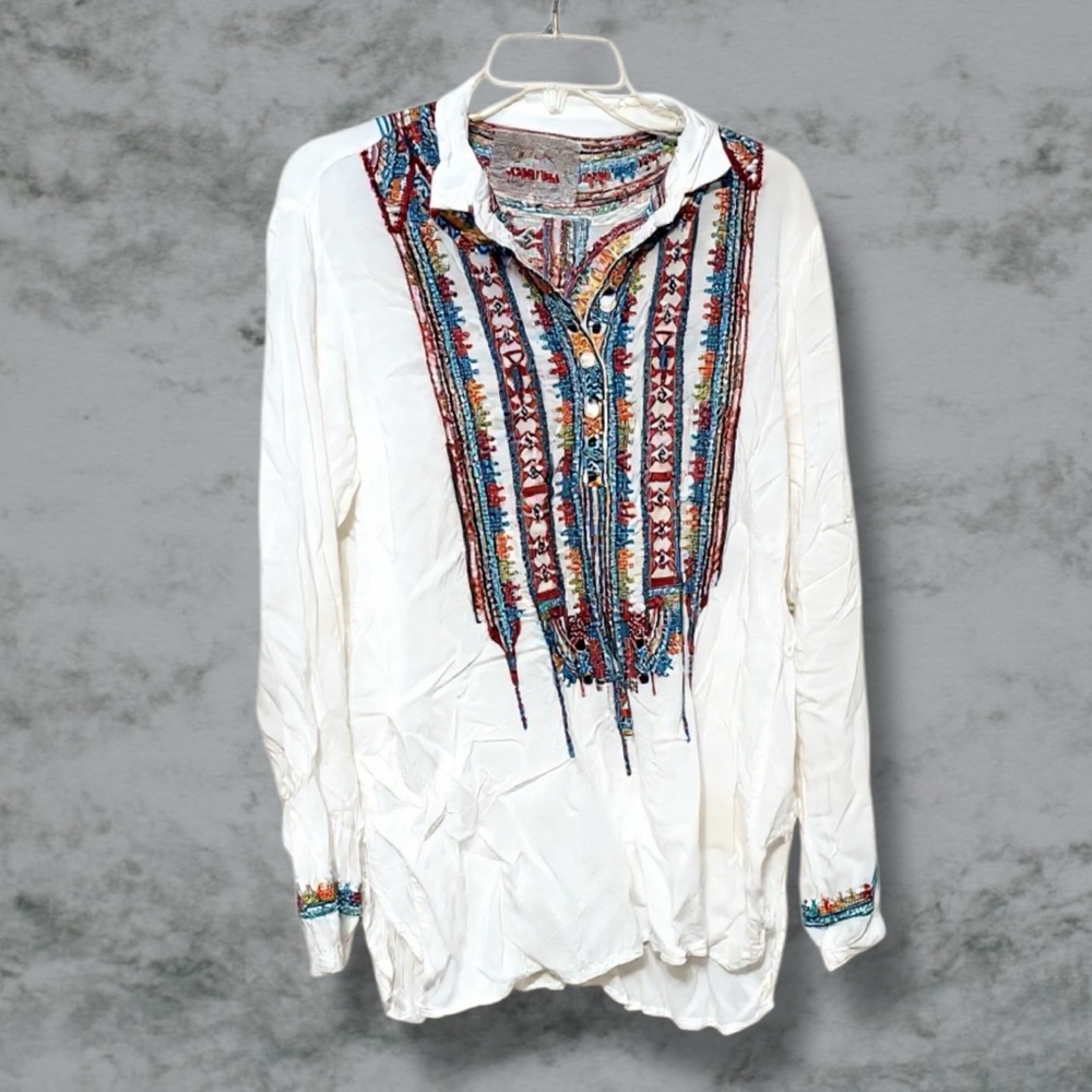 Johnny Was Biya Small Embroidered White Long Sleeve Blouse Shirt Top Mayan